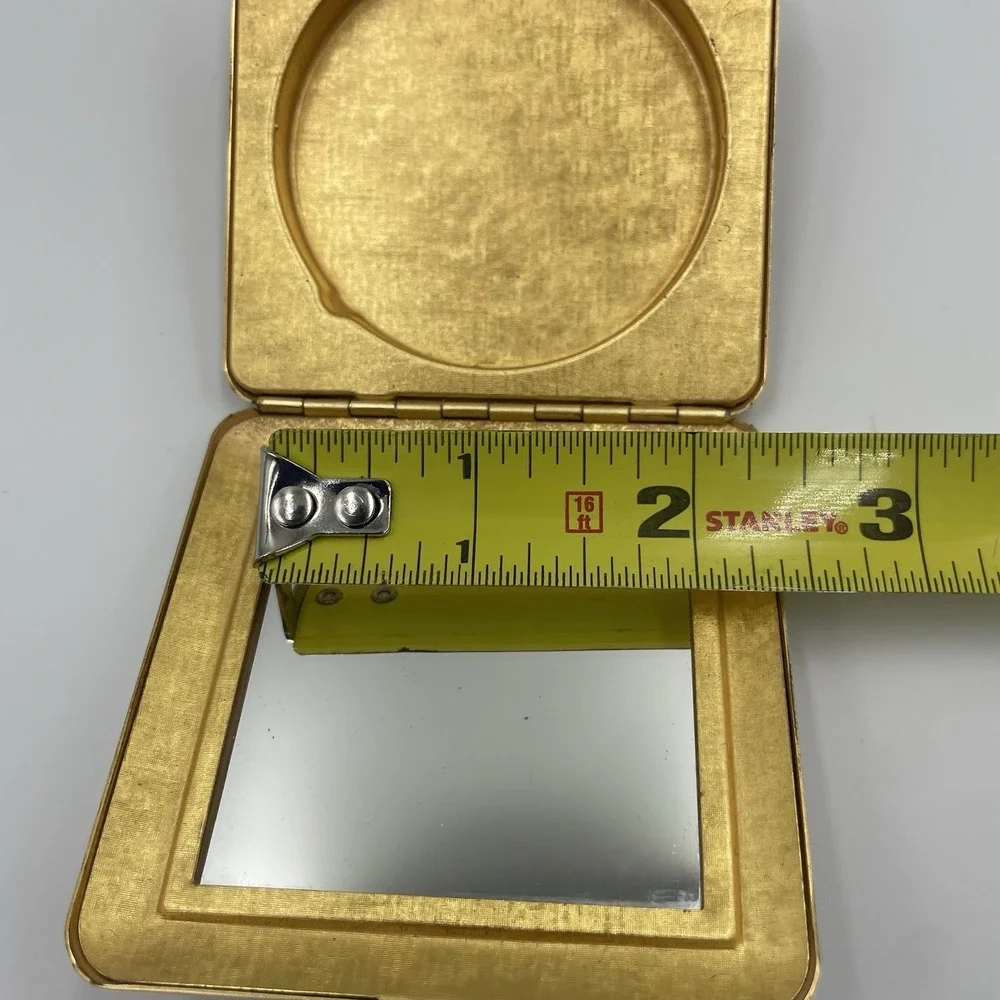 Vintage Gold Tone Metal Rhinestone Clasp Mirror Powder Compact Box Avon Imperial